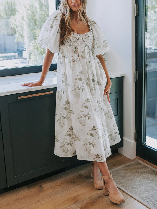Women's Square Neck Smocked Waist Floral Dress