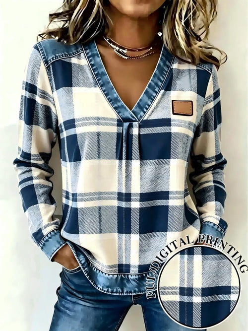 Women's Fake Denim Patchwork Print V Neck Top