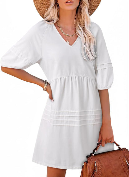 Women Casual V Neck Puff Short Sleeve Denim Dress