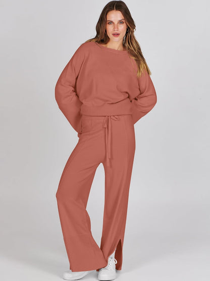 Womens Oversized Knit Sweater Set Wide Leg Pant Cozy Lounge Matching Pajama Sets