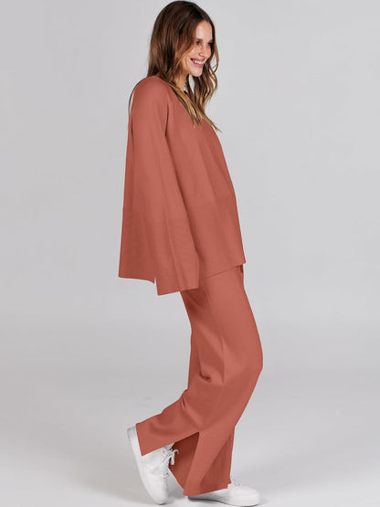 Womens Oversized Knit Sweater Set Wide Leg Pant Cozy Lounge Matching Pajama Sets