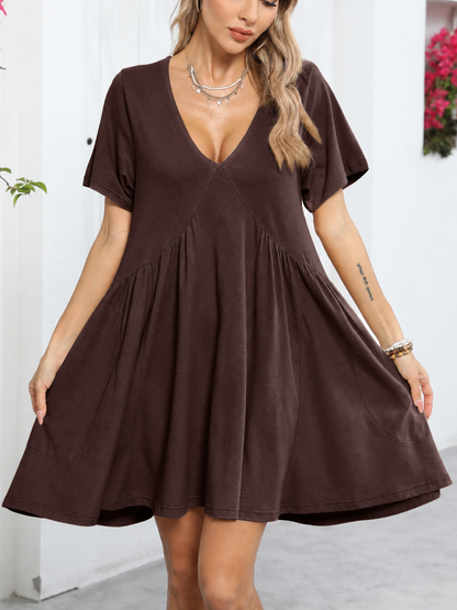 Womens Loose V Neck Short Sleeve Summer Mini Dress With Pockets