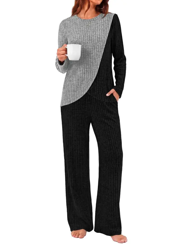 Women Fall Asymmetrical Color Block 2 Piece Matching Set