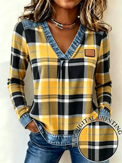Women's Fake Denim Patchwork Print V Neck Top