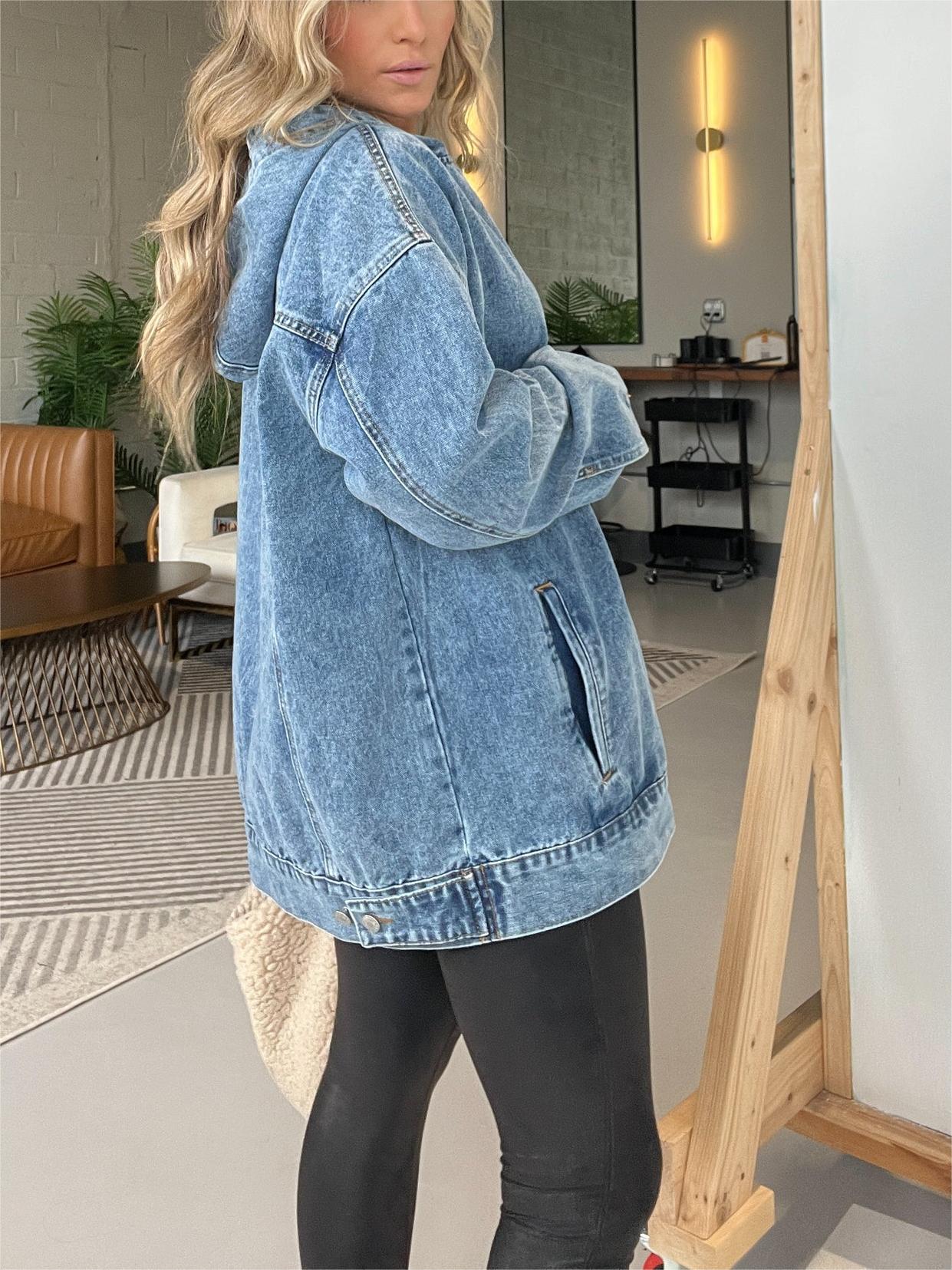 Women's Casual Washed Denim Hooded Pullover with Pockets