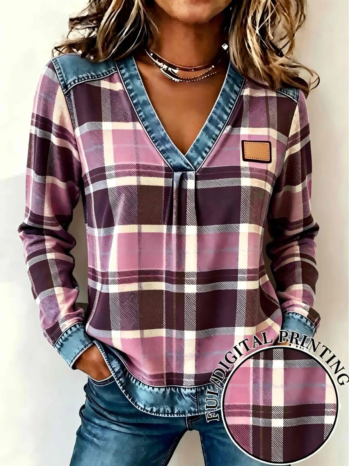 Women's Fake Denim Patchwork Print V Neck Top