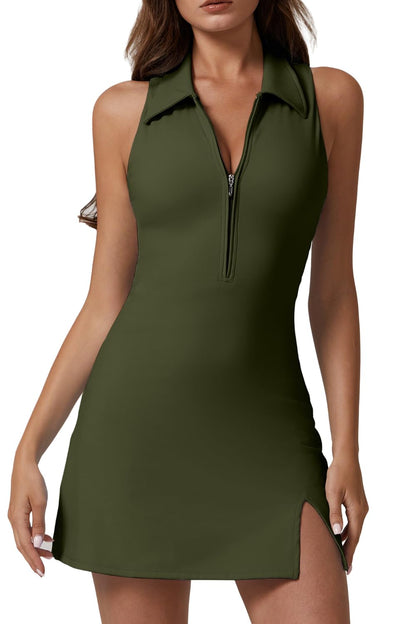 Womens Zip Front Tennis Dress Polo Collar Racer Back Workout Golf Dresses