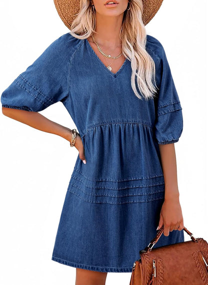 Women Casual V Neck Puff Short Sleeve Denim Dress