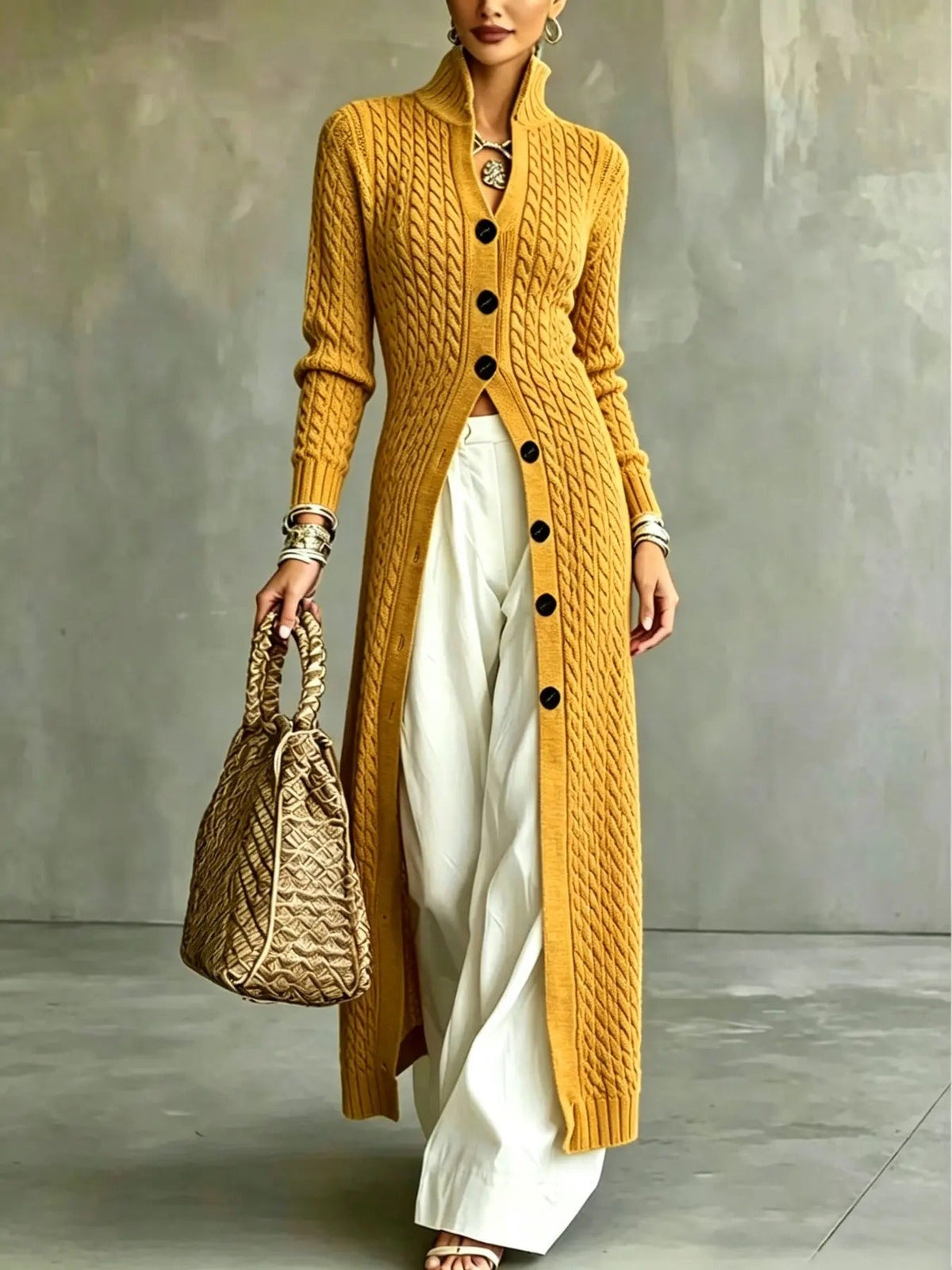Women's Stand Collar Single Button Cable Knit Long Cardigan