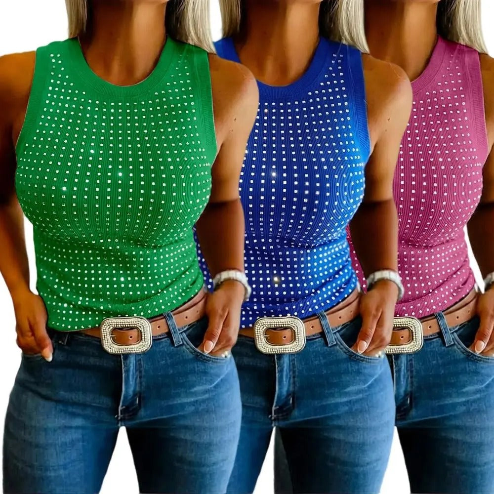Women's Glitter Rhinestone Fitted Sleeveless Tank Top