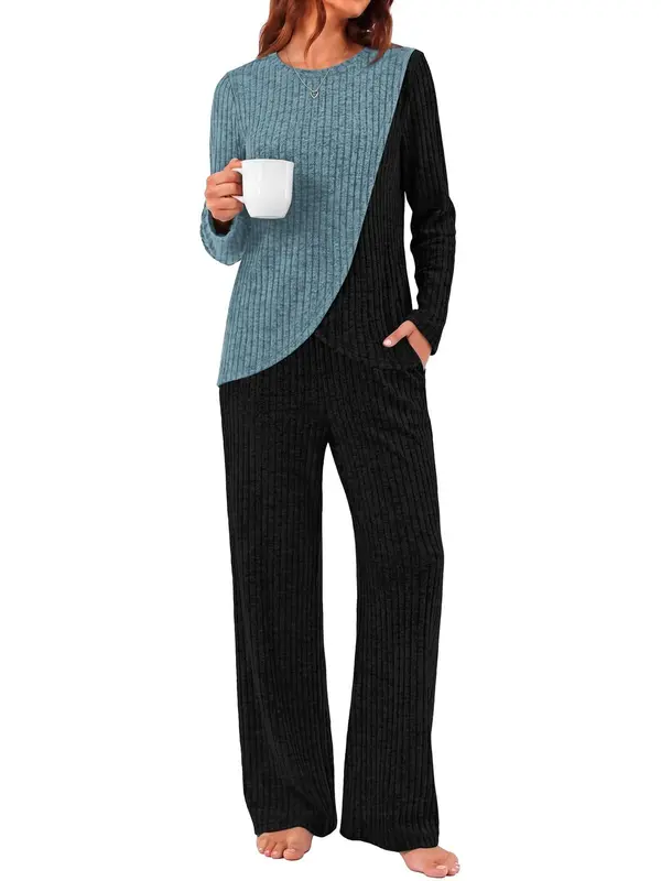 Women Fall Asymmetrical Color Block 2 Piece Matching Set