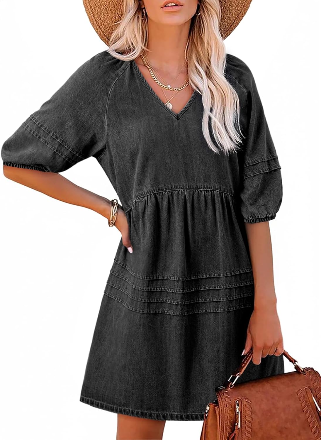 Women Casual V Neck Puff Short Sleeve Denim Dress