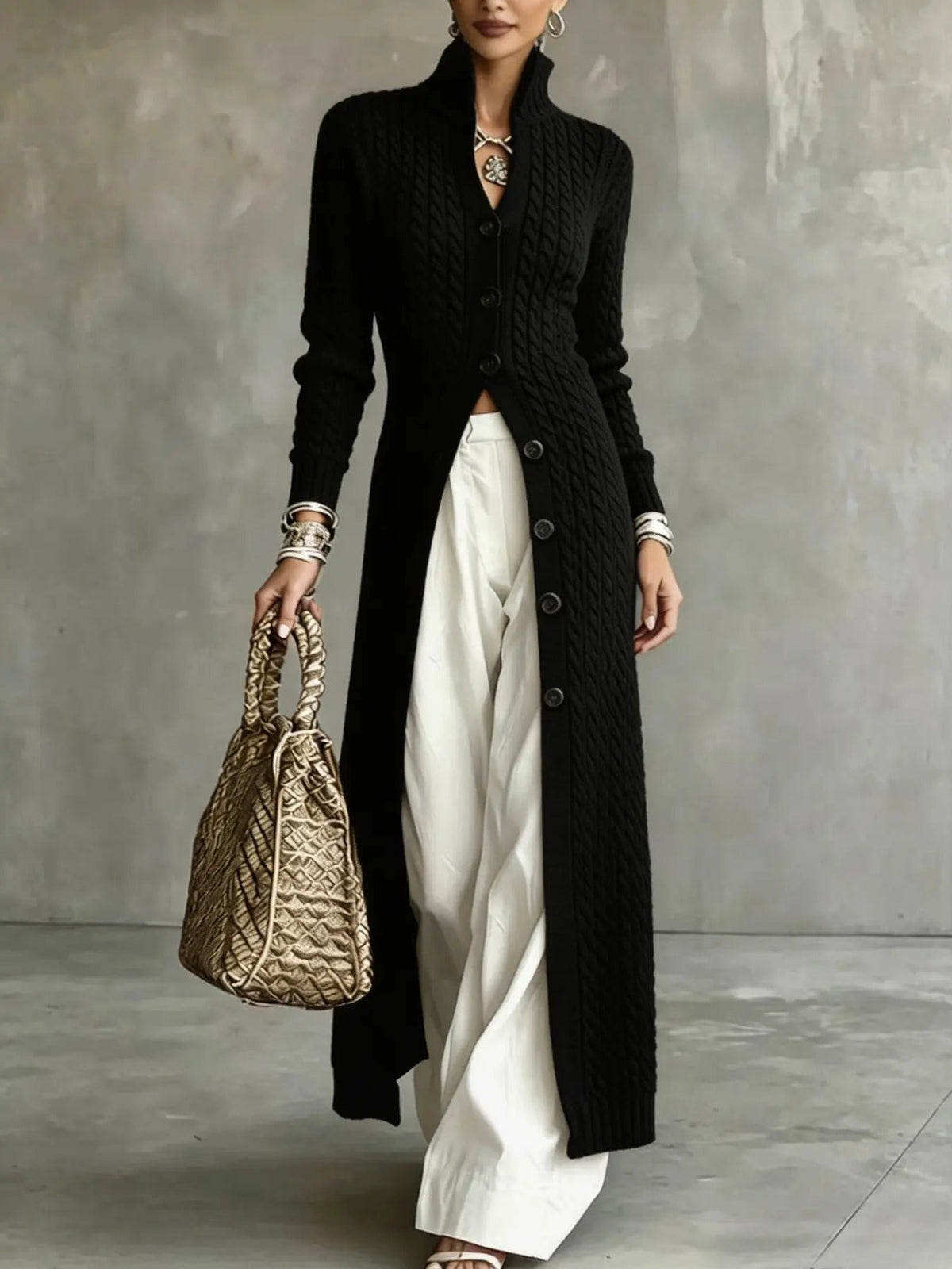 Women's Stand Collar Single Button Cable Knit Long Cardigan