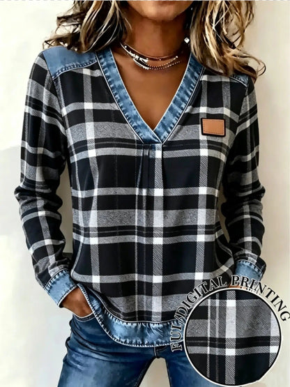 Women's Fake Denim Patchwork Print V Neck Top