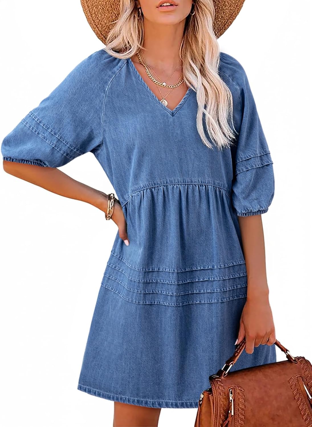 Women Casual V Neck Puff Short Sleeve Denim Dress