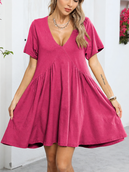Womens Loose V Neck Short Sleeve Summer Mini Dress With Pockets
