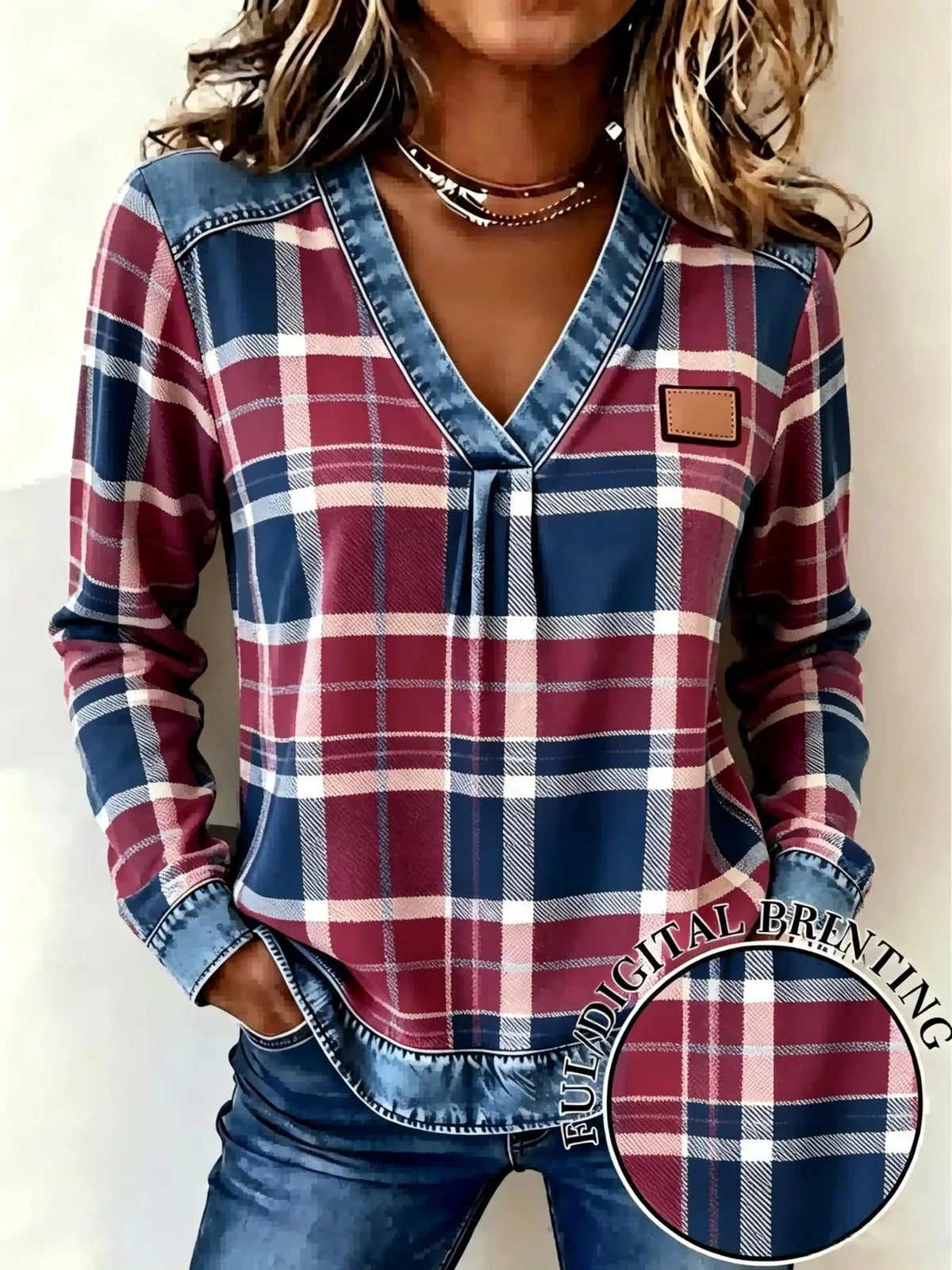 Women's Fake Denim Patchwork Print V Neck Top