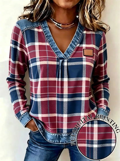 Women's Fake Denim Patchwork Print V Neck Top