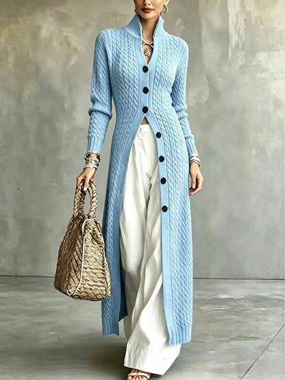 Women's Stand Collar Single Button Cable Knit Long Cardigan