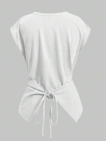Women's Cap Sleeve Tie Back Cinched Waist Wrap Top