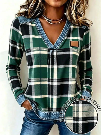 Women's Fake Denim Patchwork Print V Neck Top