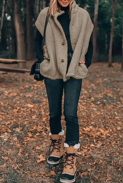 Womens Fuzzy Fleece Oversized Button Down Sherpa Vest Jacket With Pockets