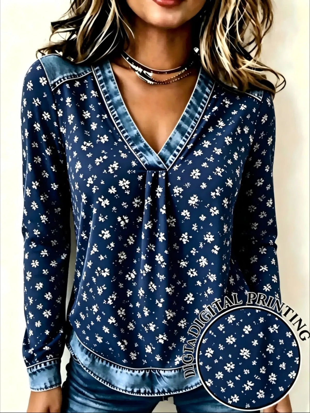 Women's Fake Denim Patchwork Print V Neck Top