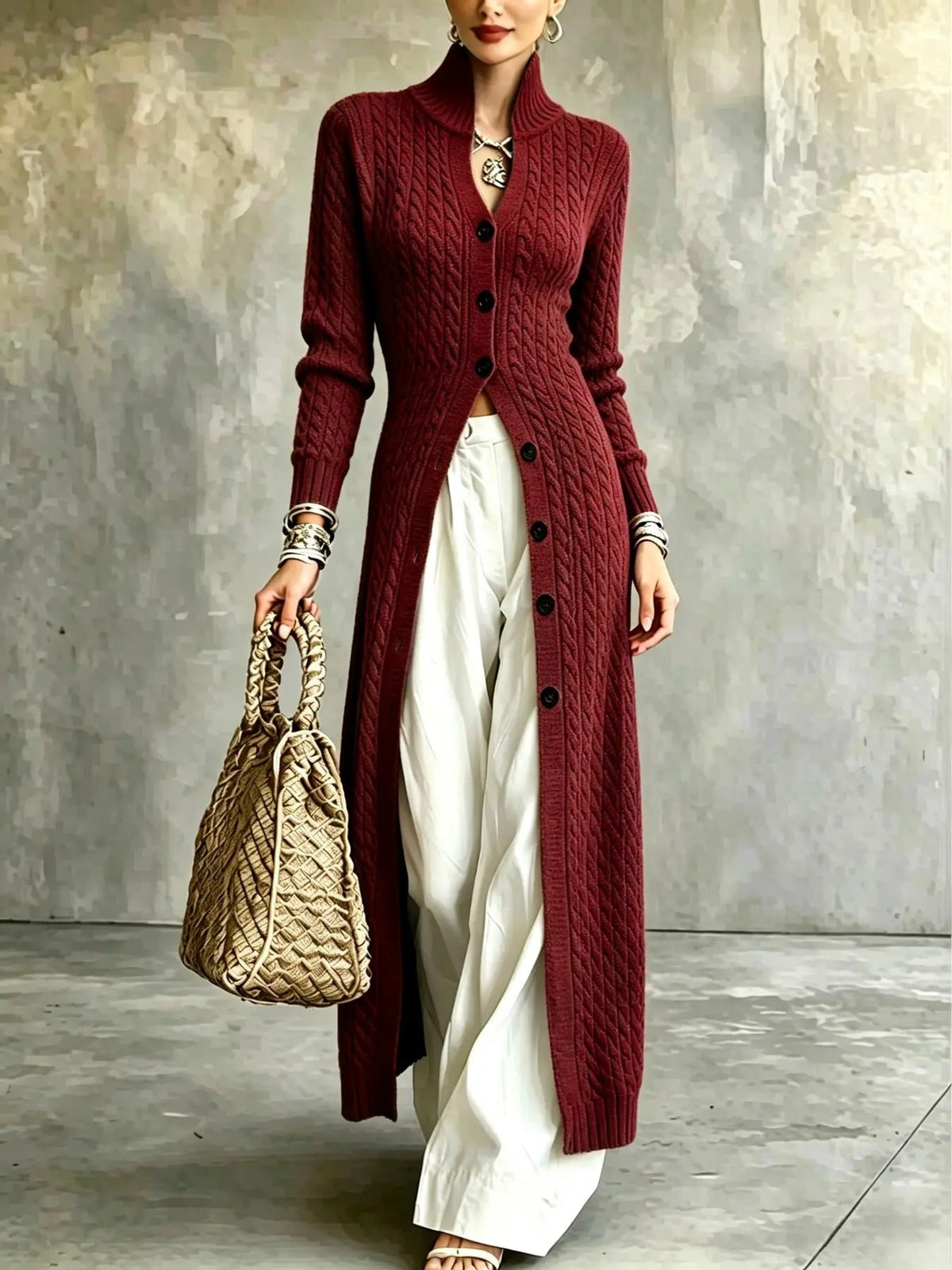 Women's Stand Collar Single Button Cable Knit Long Cardigan
