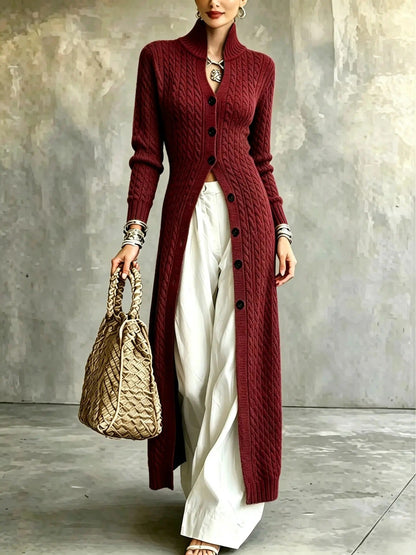 Women's Stand Collar Single Button Cable Knit Long Cardigan