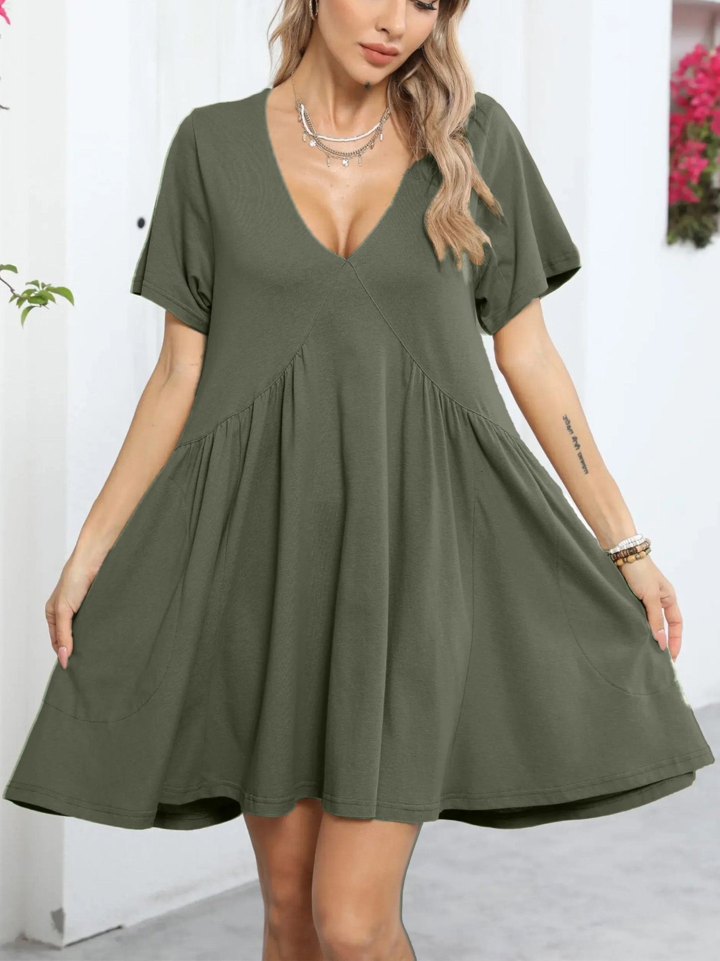 Womens Loose V Neck Short Sleeve Summer Mini Dress With Pockets