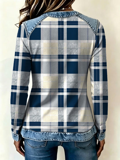 Women's Fake Denim Patchwork Print V Neck Top