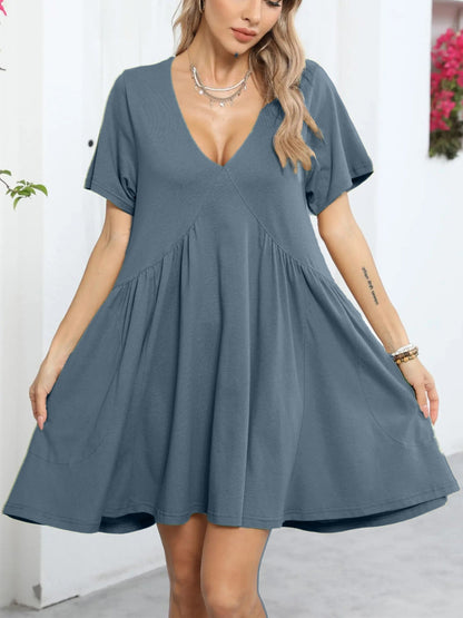 Womens Loose V Neck Short Sleeve Summer Mini Dress With Pockets