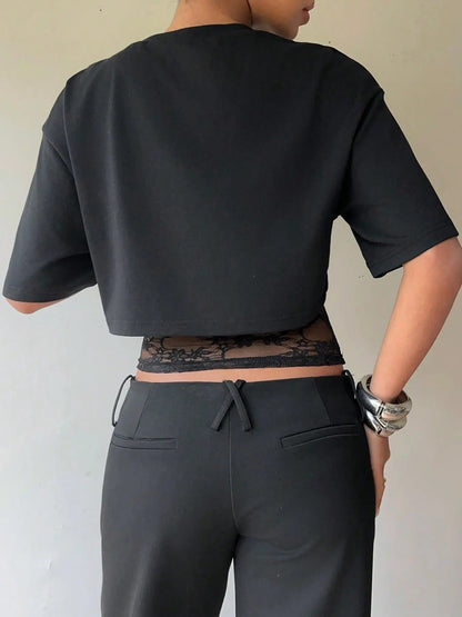Women's Cropped Short T-shirt with Lace Splicing
