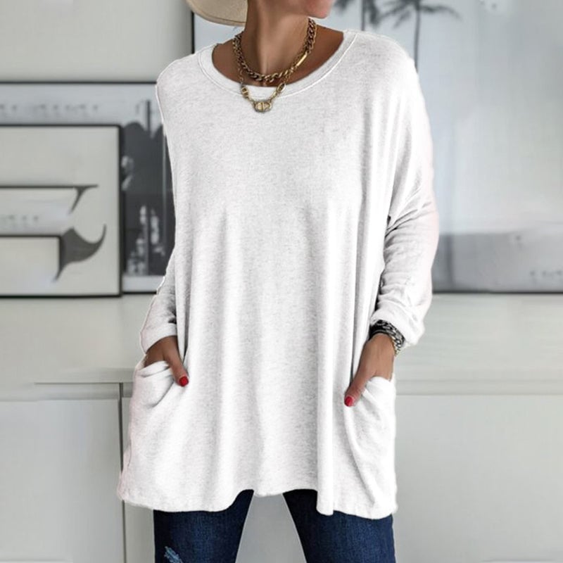 Women's  Round Neck Long Sleeve Loose Pocket Solid T-Shirt