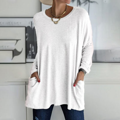 Women's  Round Neck Long Sleeve Loose Pocket Solid T-Shirt