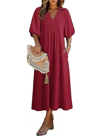 Women's Puff Sleeve V-neck Flowing Maxi Dress