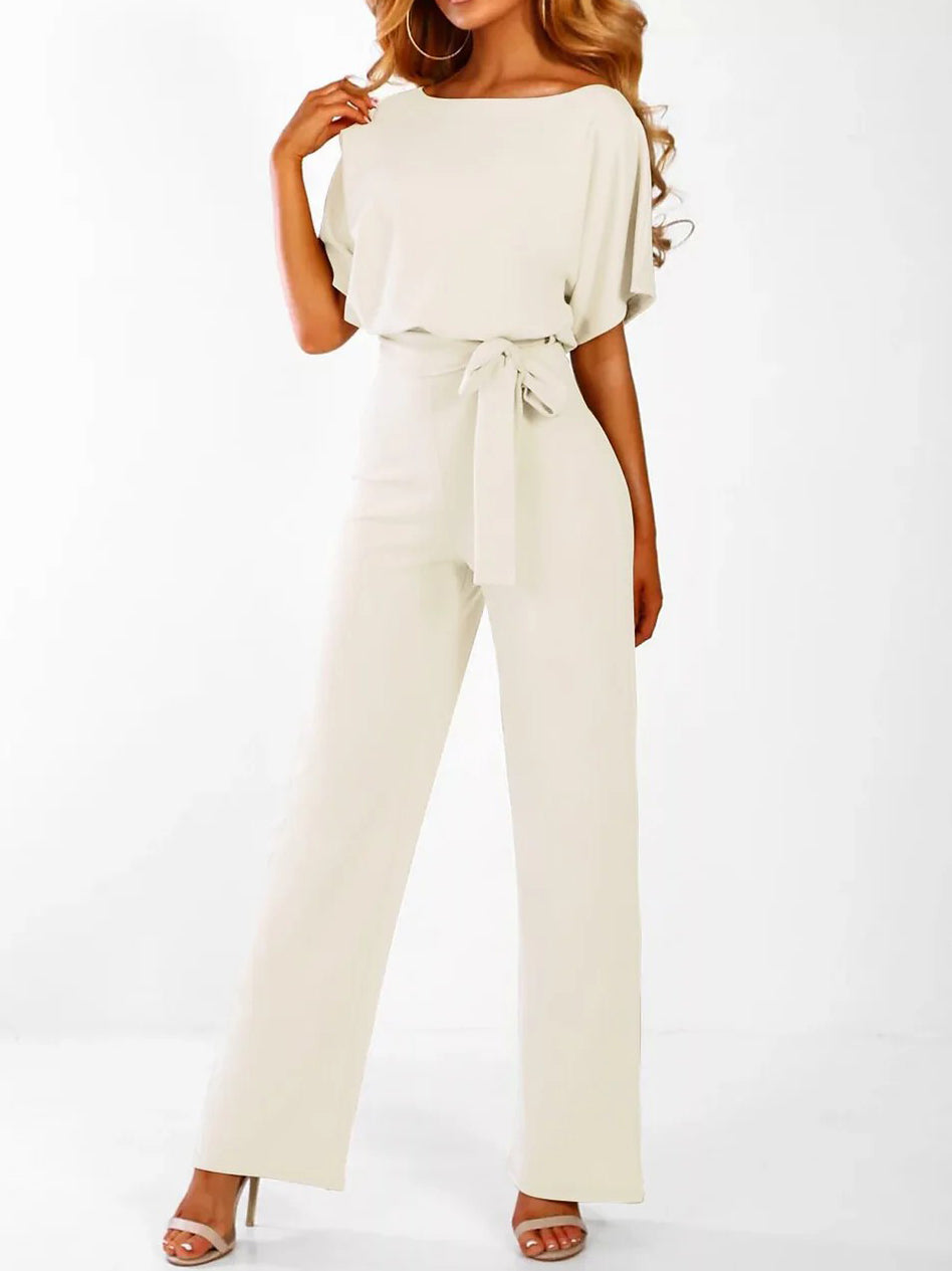 Women Crewneck Tie Waist Jumpsuit Wide Leg Pants