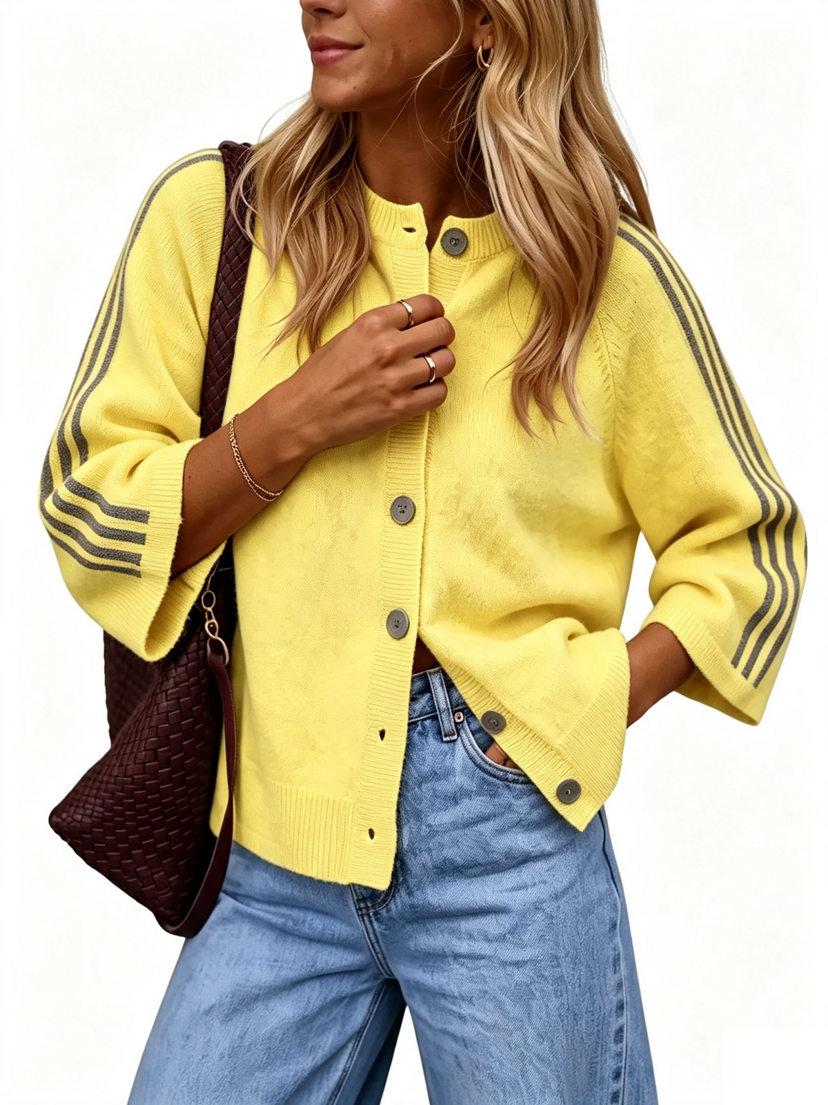 Women Striped 3/4 Sleeve  Crew Neck Button Down Knit Cardigan