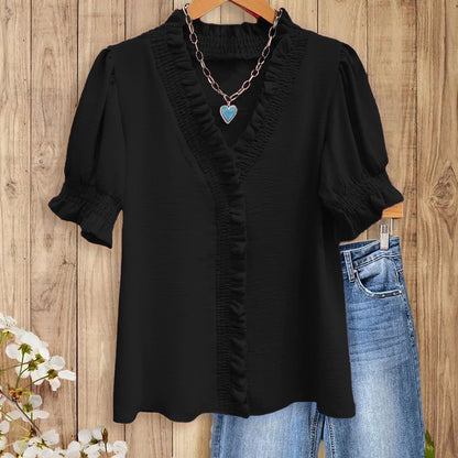 Womens Smocked Ruffle Trim V-Neck Blouse