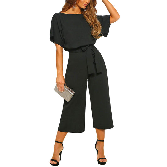 Women's casual wide-leg jumpsuit with waist tie
