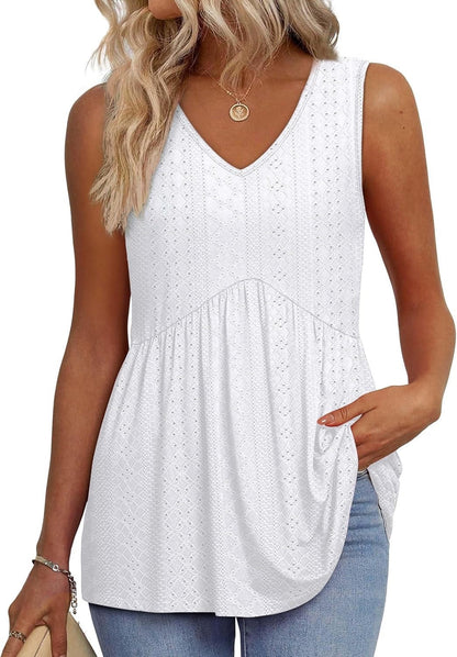 Women's Print Flowy Sleeveless V Neck Peplum Tank Tops