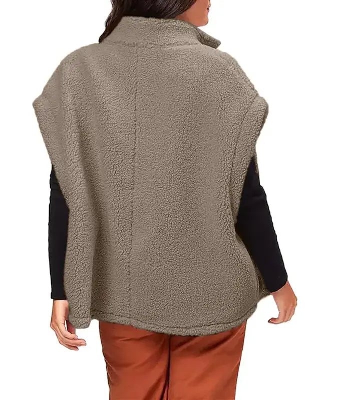 Womens Fuzzy Fleece Oversized Button Down Sherpa Vest Jacket With Pockets