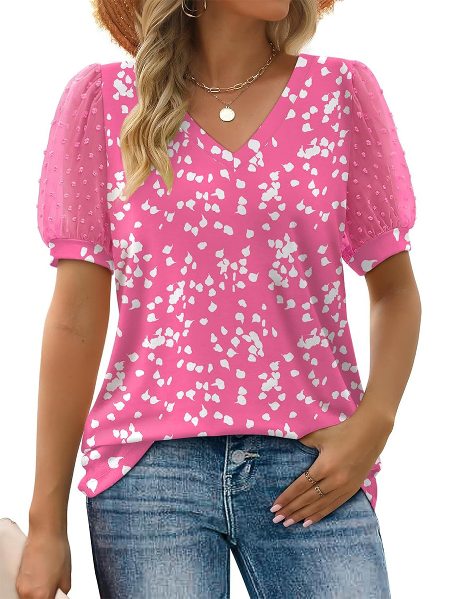 Women's Printed V Neck Swiss Dot Puff Sleeve Loose Casual T-Shirt