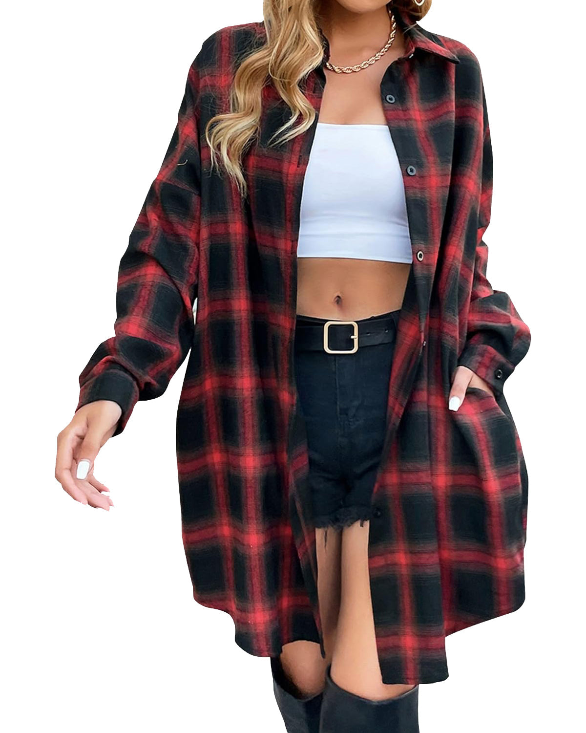 Women's Flannel Shirts Plaid Shacket Collared Long Jacket Coats