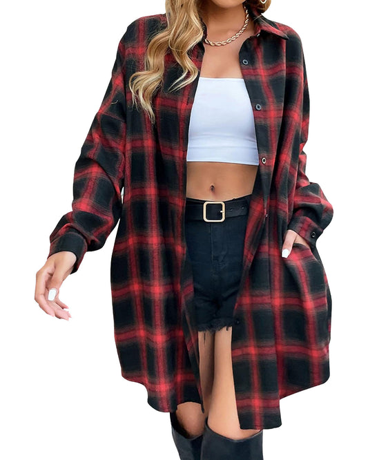 Women's Flannel Shirts Plaid Shacket Collared Long Jacket Coats