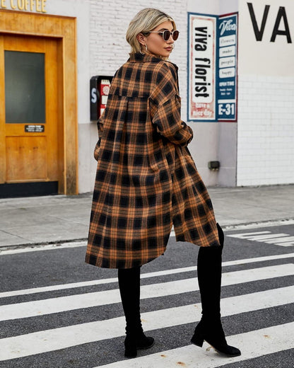 Women's Flannel Shirts Plaid Shacket Collared Long Jacket Coats