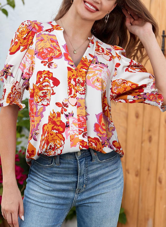 Floral V-Neck Puff Sleeve Blouse