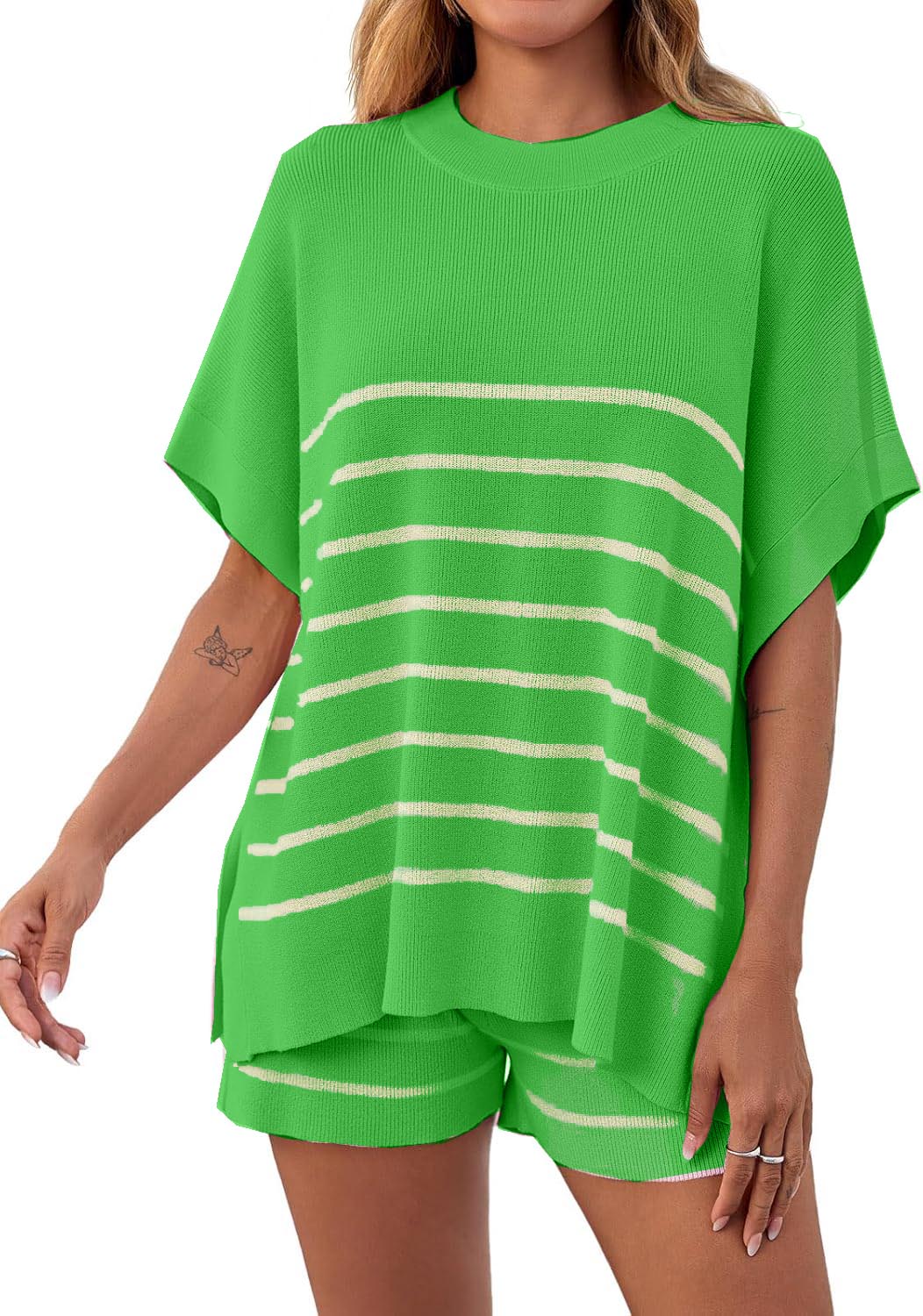 Women's Striped 2-Piece Oversized Batwing Sleeve Short Sleeve Top and Shorts Set
