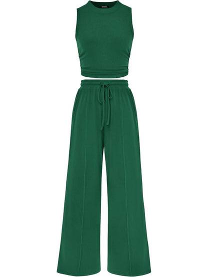 Women Sleeveless Cropped Top Elastic Waist Wide Leg Pants 2 Piece Set
