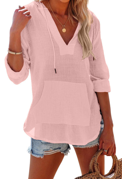 Women's Long Sleeve V Neck Pocketed Hooded Shirt Top(buy 2 free shipping)